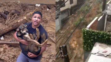 Homem reencontra cachorrinho, mas segue em busca do irmão e da avó, soterrados após o temporal que atingiu Petrópolis - Reprodução/TV Globo
