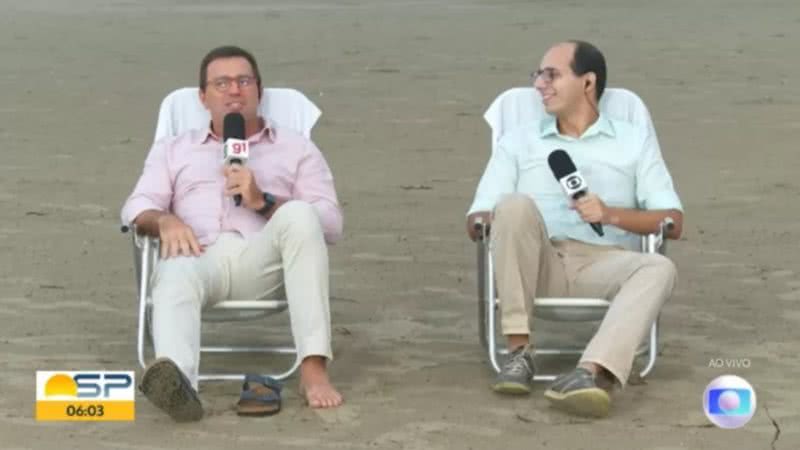 Rodrigo Bocardi e Rodrigo Nardelli apresentaram jornal na praia de Santos (SP) - Globo