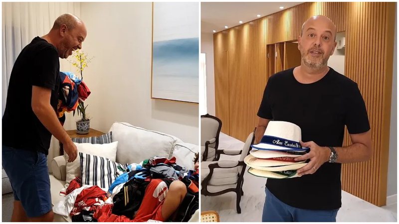 Alex Escobar abriu as portas de casa e mostrou sua extensa coleção de camisas e chapéus. - GNT