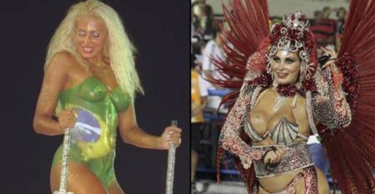 Angela Bismarchi, com a pintura do Brasil no corpo em 2000; e nos desfiles de anos seguintes. - Reprodução