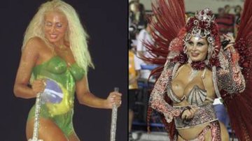 Angela Bismarchi, com a pintura do Brasil no corpo em 2000; e nos desfiles de anos seguintes. - Reprodução
