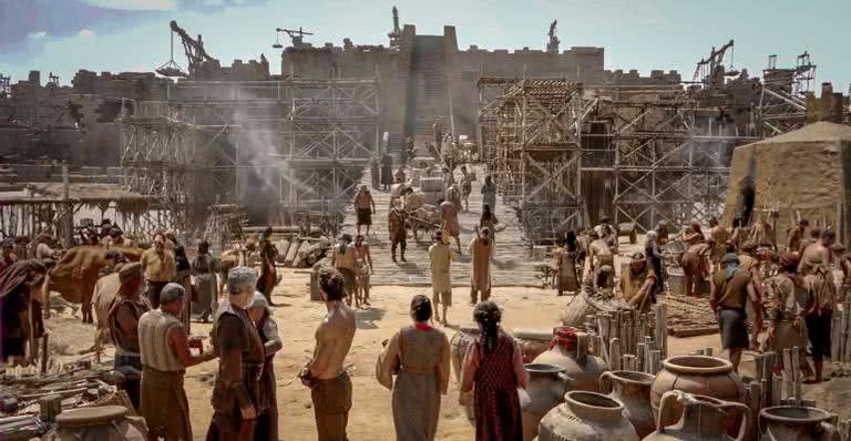 Cena da construção da Torre de Babel em 'Gênesis' - Blad Meneghel e Vinícius Muhammad/ Record TV