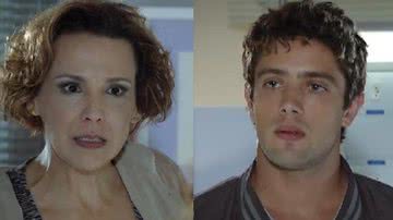 Rodrigo (Rafael Cardoso) e Nanda (Maria Eduarda de Carvalho) ficam chocados com ameaças de Eva (Ana Beatriz Nogueira) - Globo