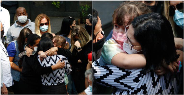 Viúva de Dudu Braga caiu no choro durante velório e abraçou a filha, Laura, de 5 anos - Marcelo Gonçalves e Francisco Cepeda/AgNews
