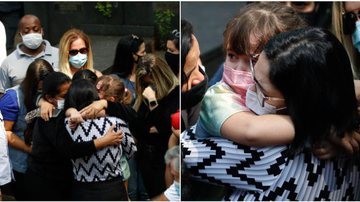 Viúva de Dudu Braga caiu no choro durante velório e abraçou a filha, Laura, de 5 anos - Marcelo Gonçalves e Francisco Cepeda/AgNews