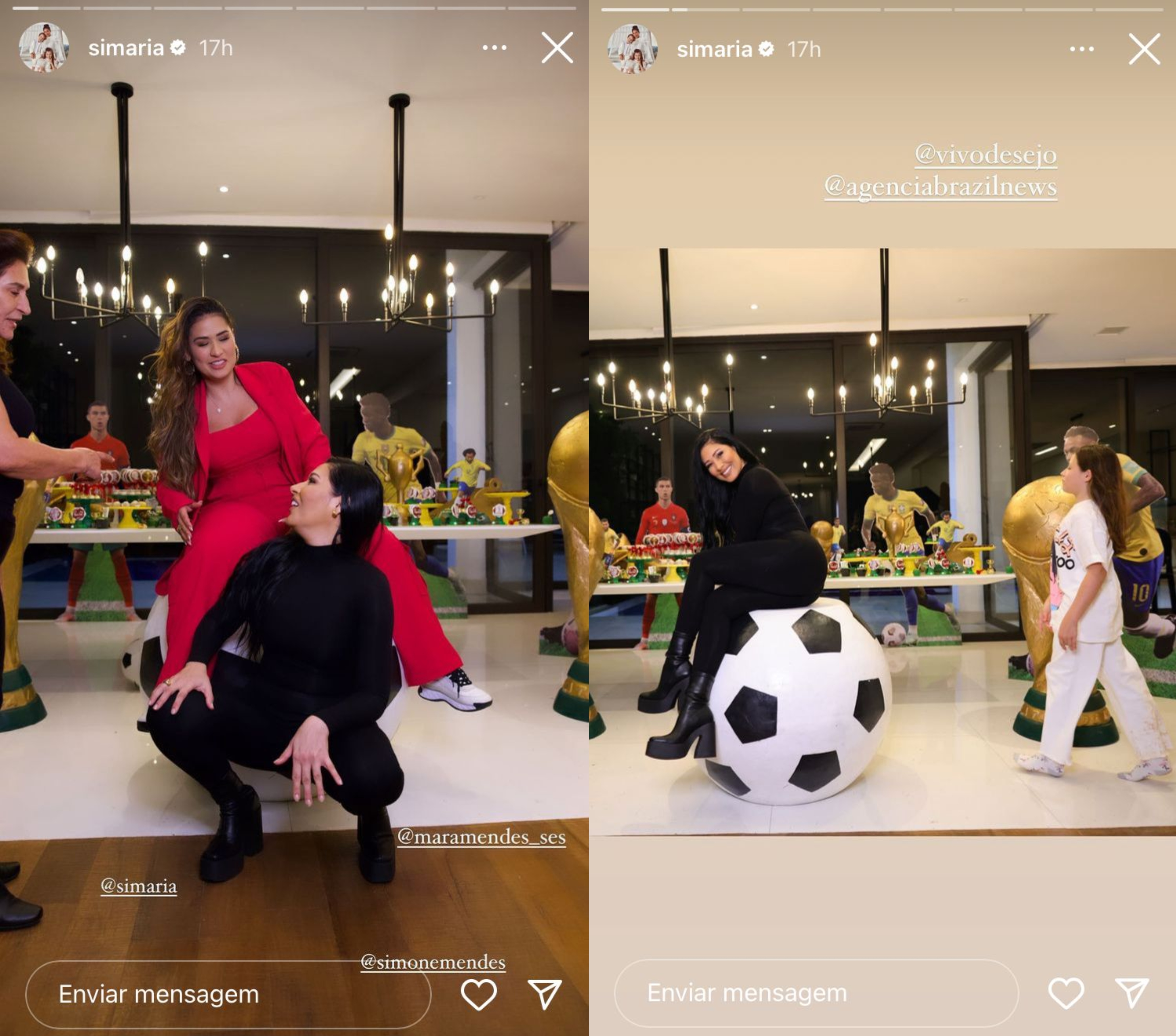 Dois Stories do Instagram. No primeiro, as cantoras Simone e Simaria em frente à uma mesa de aniversário com a decoração de Copa do Mundo; na segunda, apenas a cantora Simaria em frente à mesma mesa
