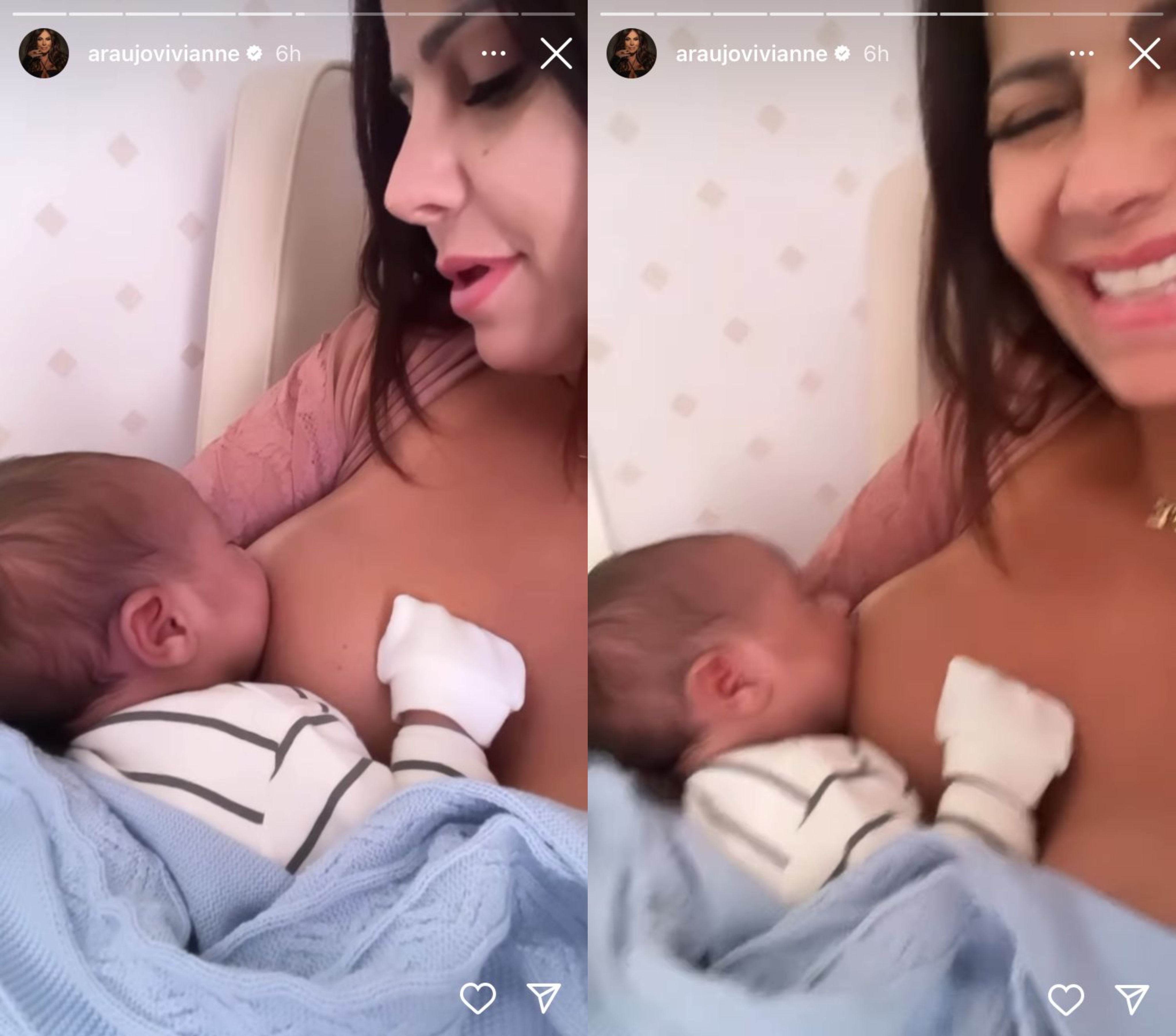 Duas fotos de Viviane Araujo sentada em uma poltrona amamentando o filho recém-nascido, Joaquim