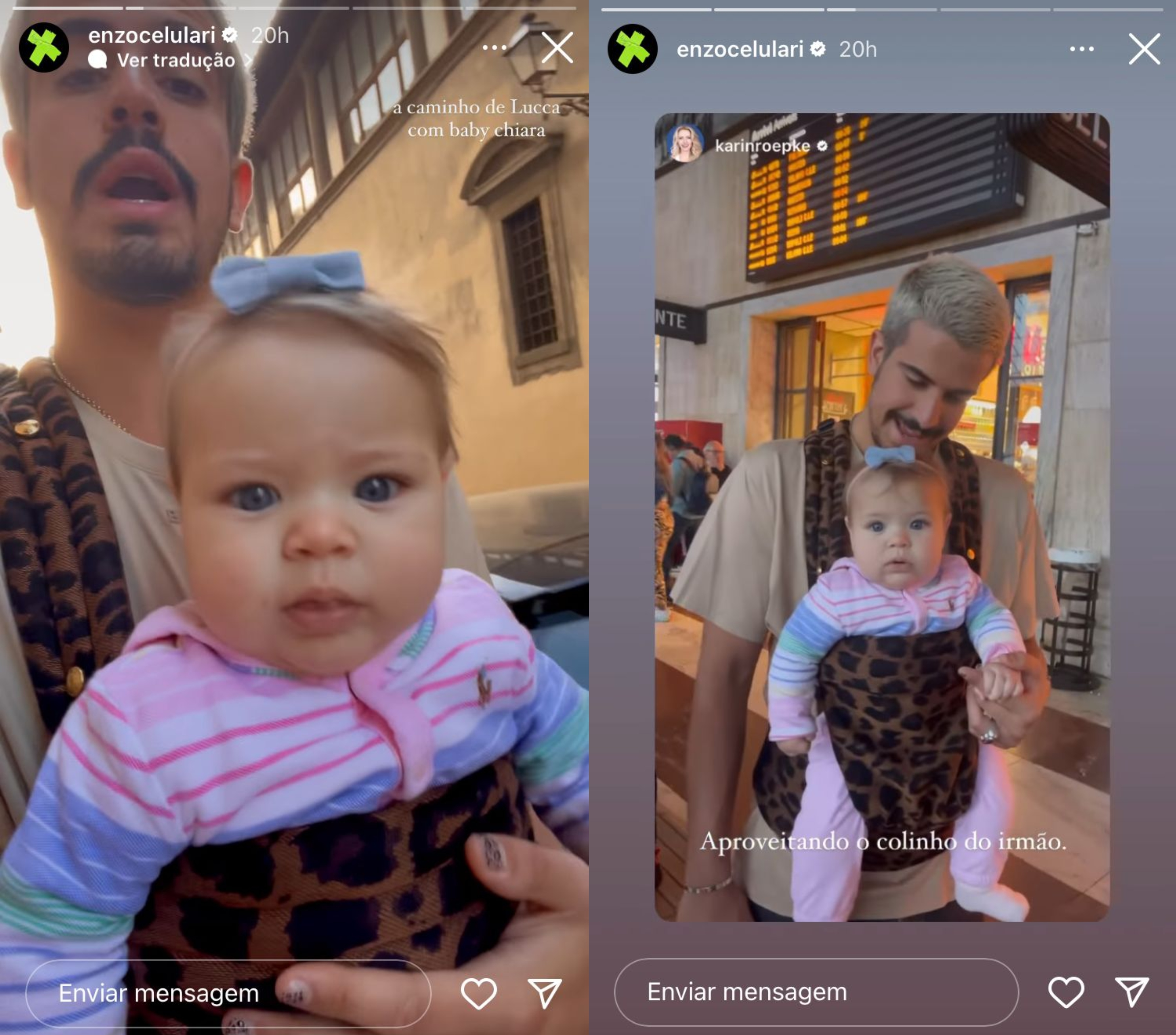 Duas fotos do empresário Enzo Celulari segurando a irmãzinha, Chiara, uma bebê branca, loira e de olhos azuis, com um canguru de oncinha preso ao seu corpo
