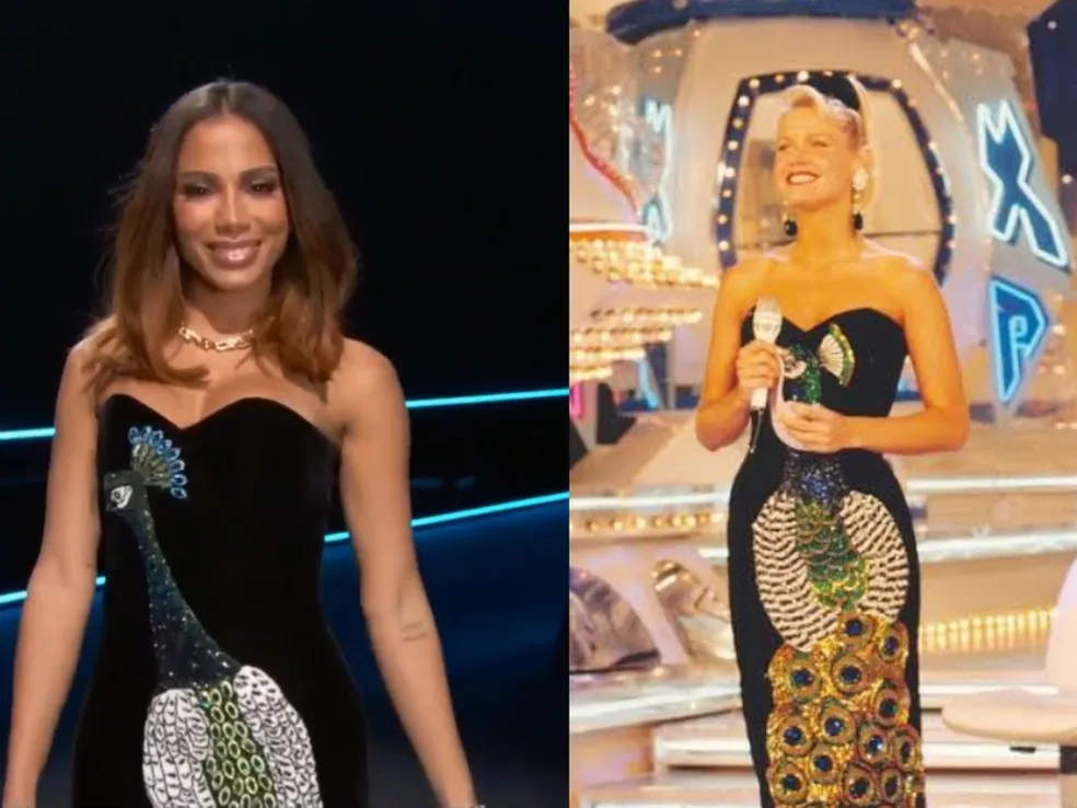 Montagem de Anitta e Xuxa vestindo o mesmo look de pavão