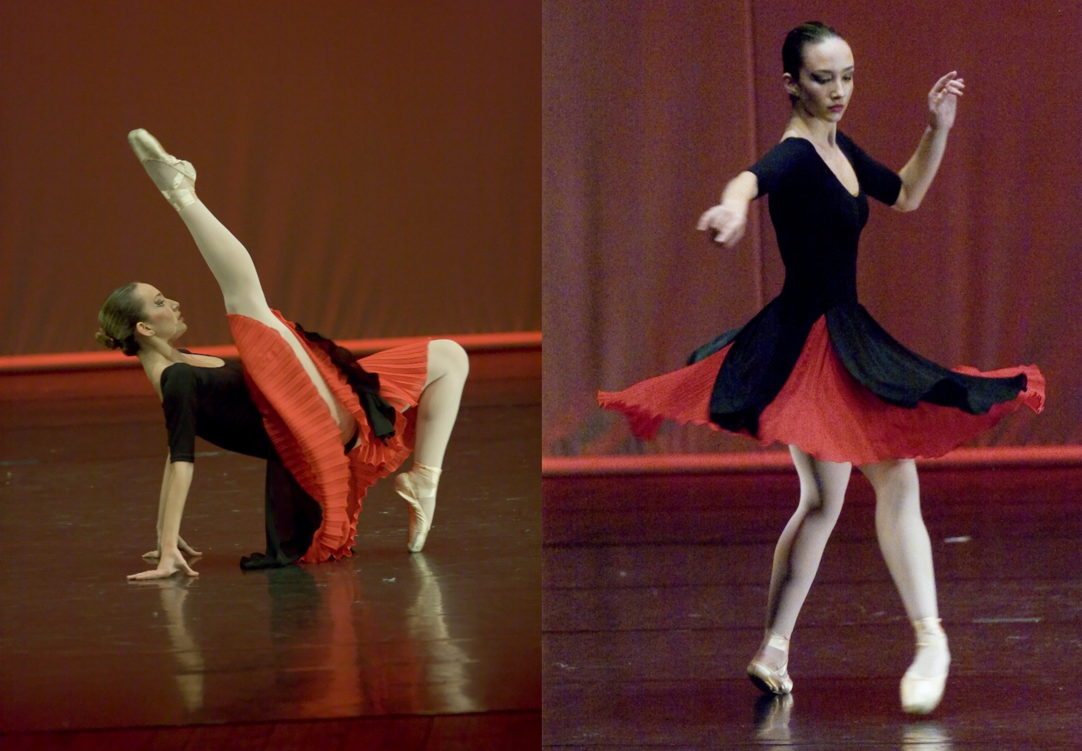 Duas fotos da atriz Juliana Lourenção em uma apresentação de balé clássico