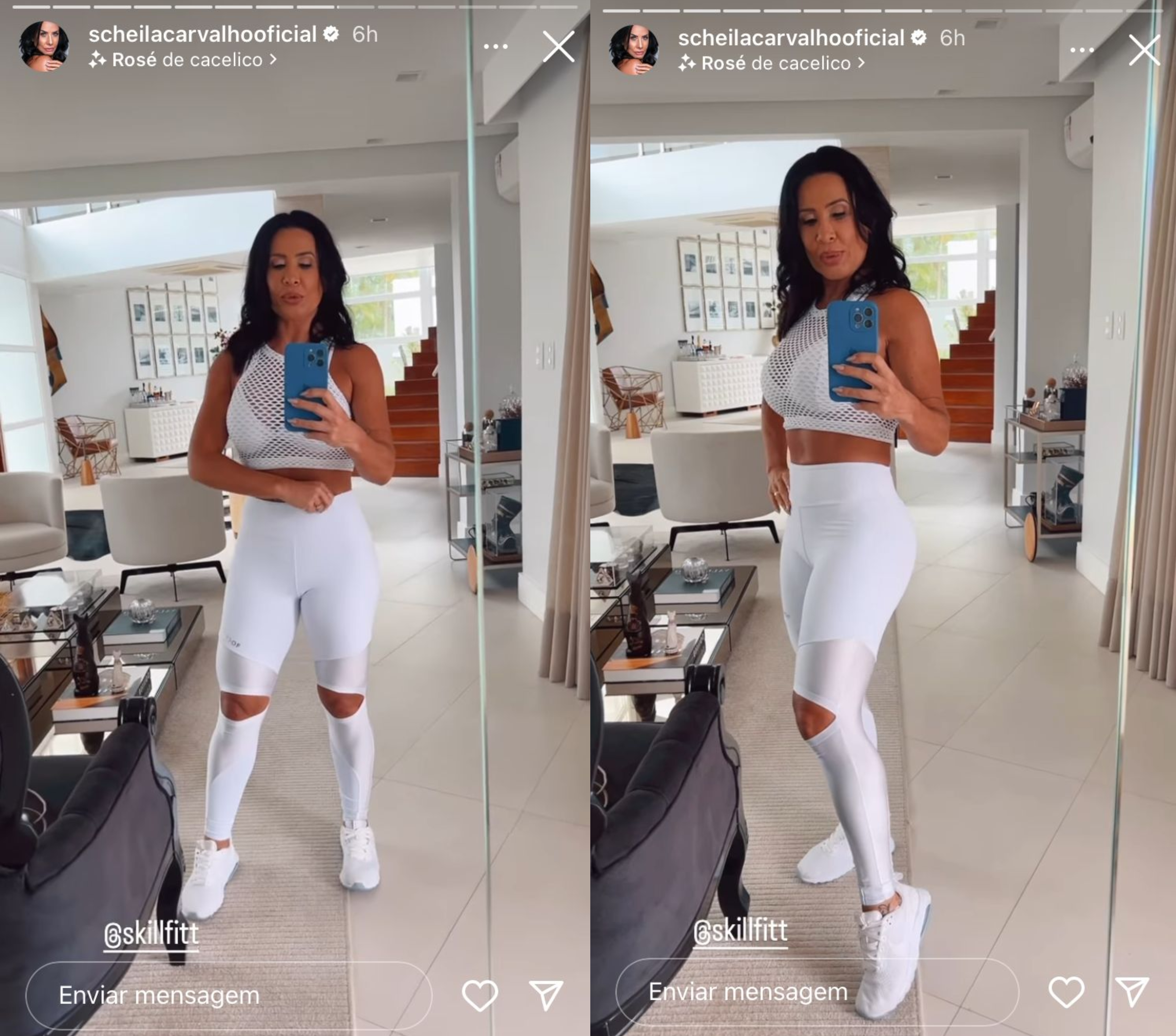Duas imagens de Scheila Carvalho no espelho de sua casa usando um top, uma leggin e um tênis branco. Na primeira ela estpa de frente e na segunda de lado