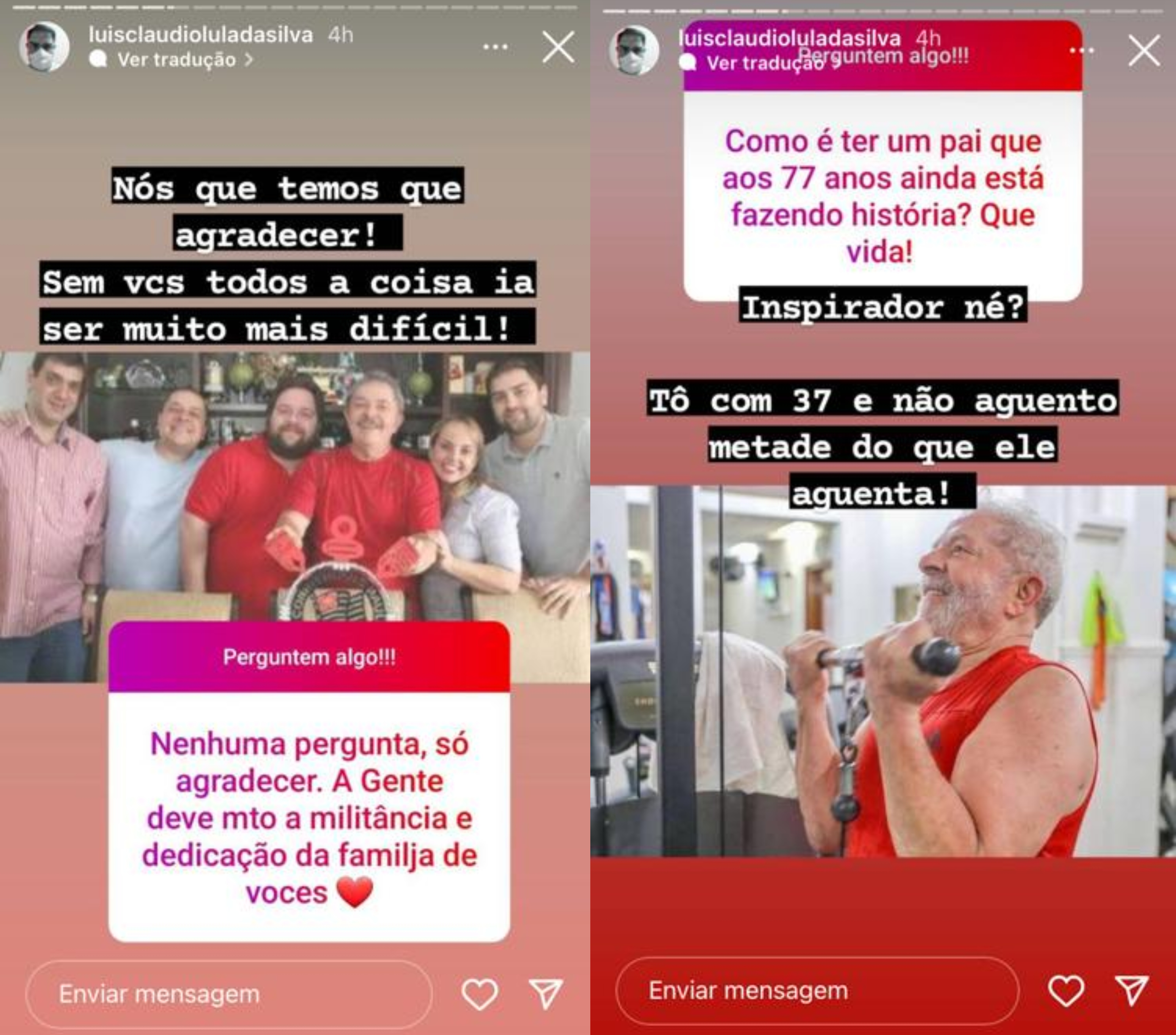 Dois Stories do Instagram com uma caixinha de perguntas e uma resposta em cada. No primeiro, o presidente eleito Lula aparece ao lado dos cinco filhos; na segunda, o presidente aparece malhando na academia