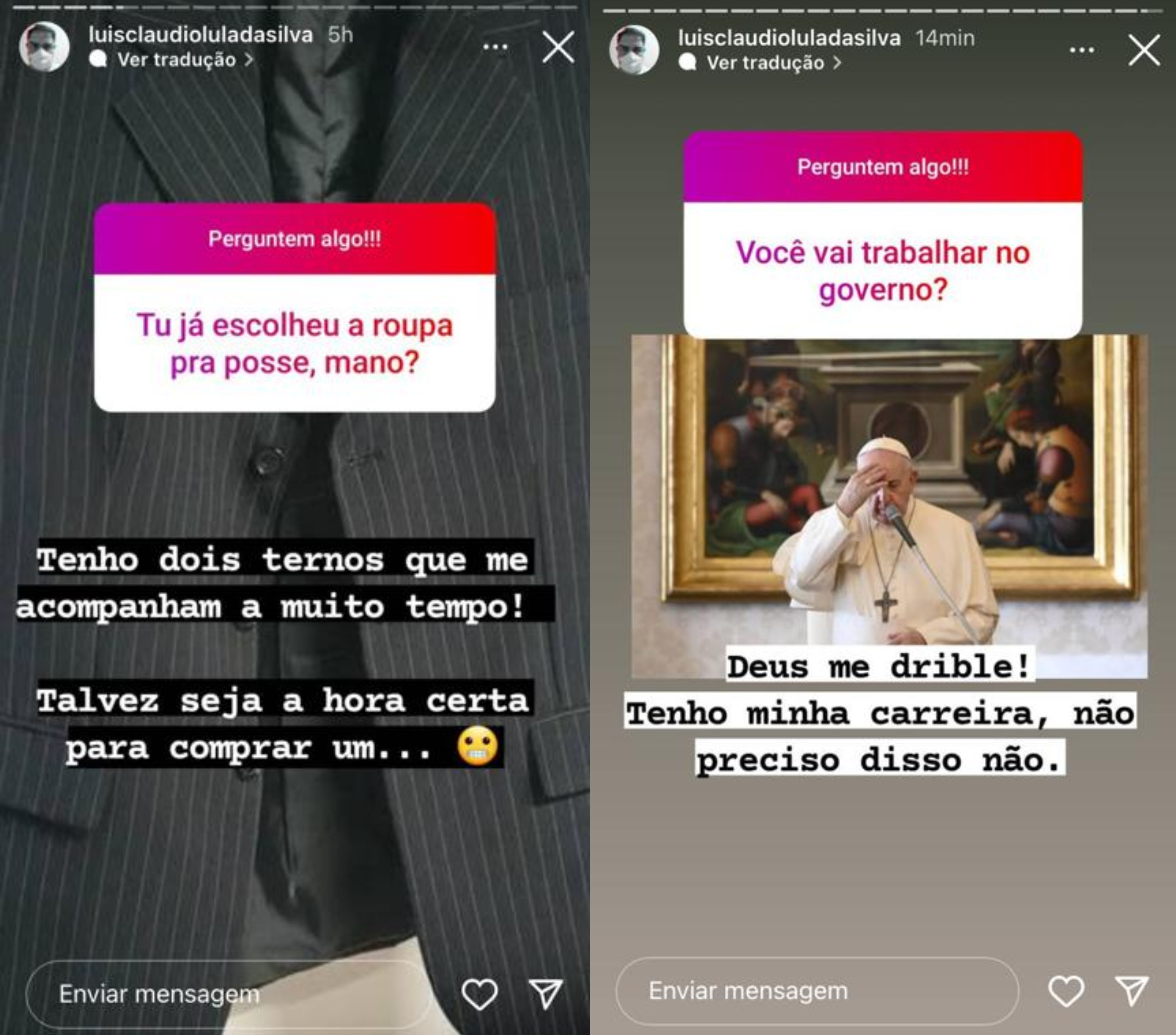 Dois Stories do Instagram com uma caixinha de perguntas e uma resposta em cada. No primeiro deles a foto de um homem de terno, mostrando só o tronco; no segundo, uma imagem do Papa Francisco