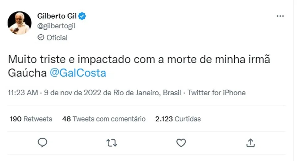 Gilberto Gil lamenta morte de Gal Costa