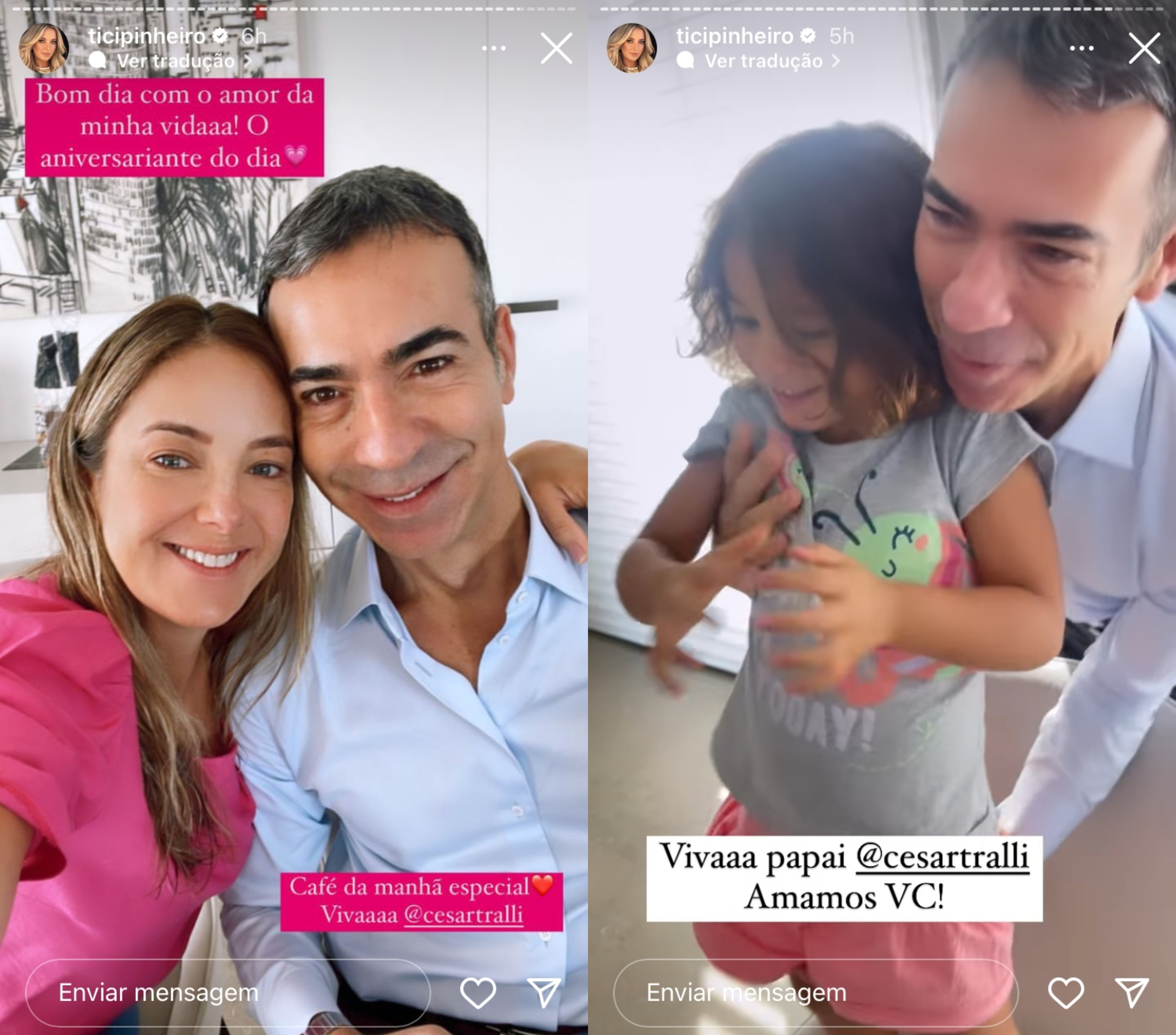 Dois Stories do Instagram: o primeio do jornalista Cesar Tralli com a esposa, Ticiane Pinheiro; e o segundo do jornalista com a filha de 3 anos, Manuella, no colo