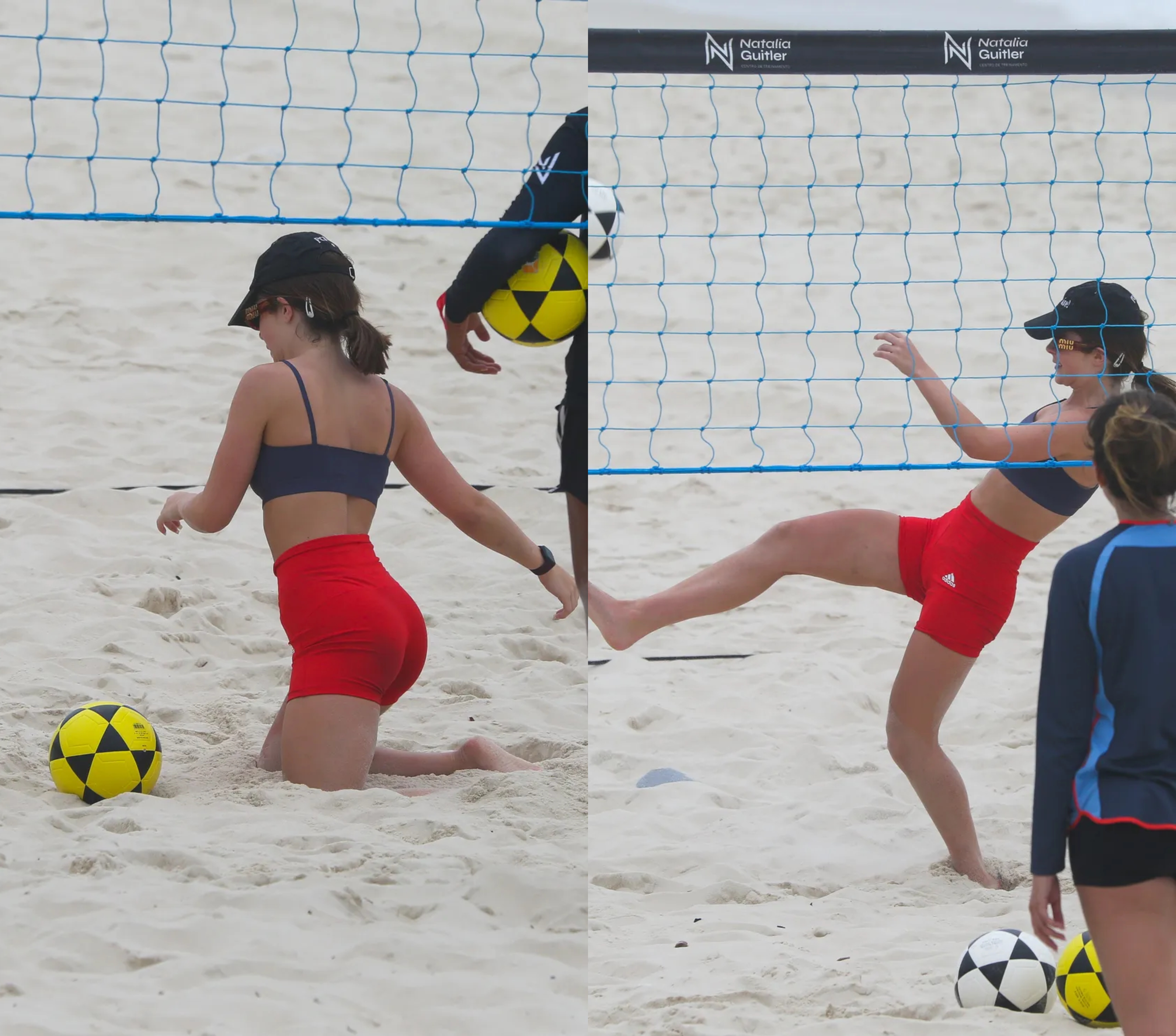 Duas imagens de Jade Picon jogado futevôlei em uma praia do Rio de Janeiro (RJ)