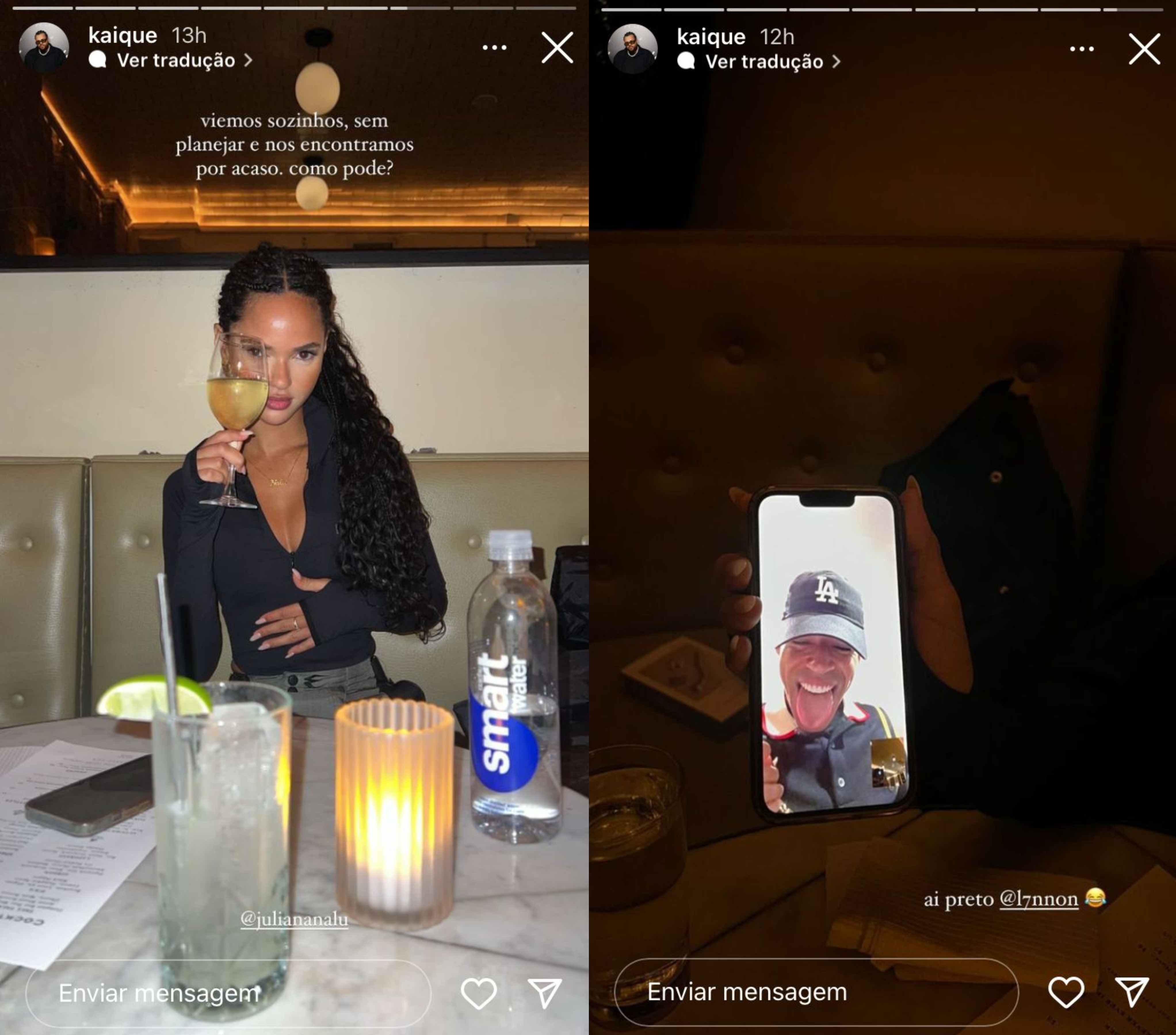 Dois Stories do instagram. No primeiro, a modelo Juliana Nalú com um drink, sentada em uma mesa de restaurante. No segundo, uma chamada de vídeo com o cantor L7nnon