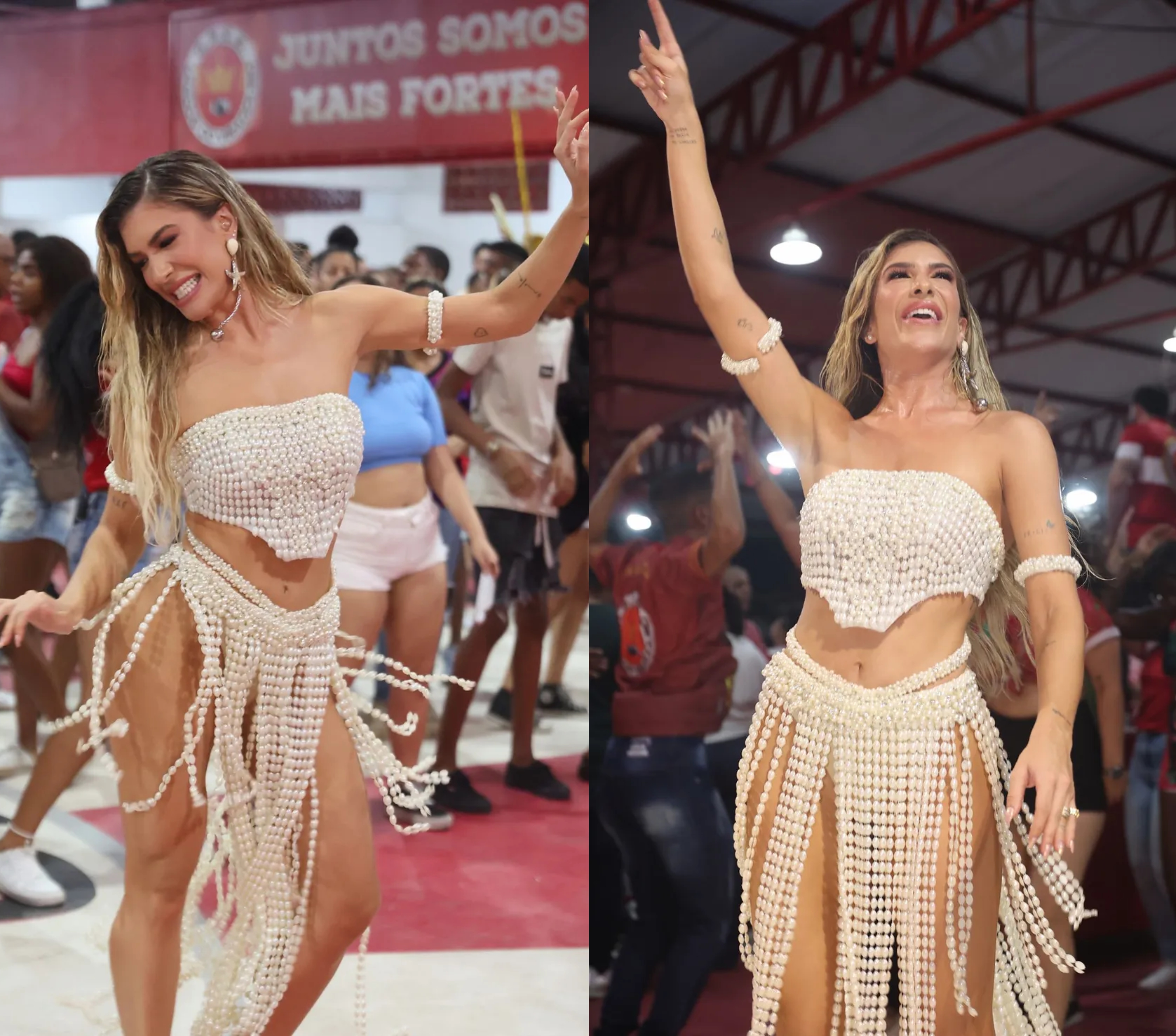 Duas imagens de Lore Improta dançando no ensaio da Unidos do Viradouro