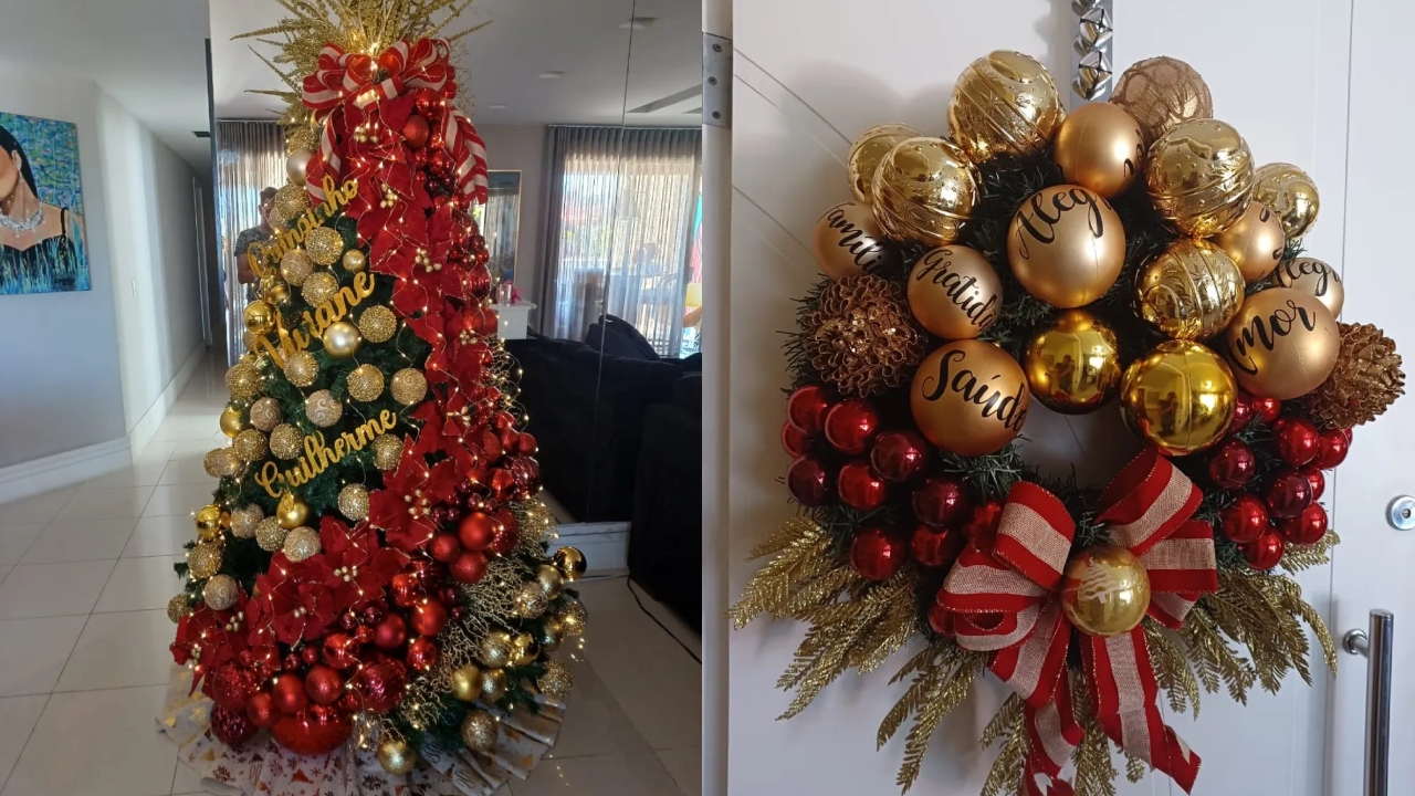 Imagens de uma árvore e uma guirlanda de Natal com decorações vermelhas e douradas