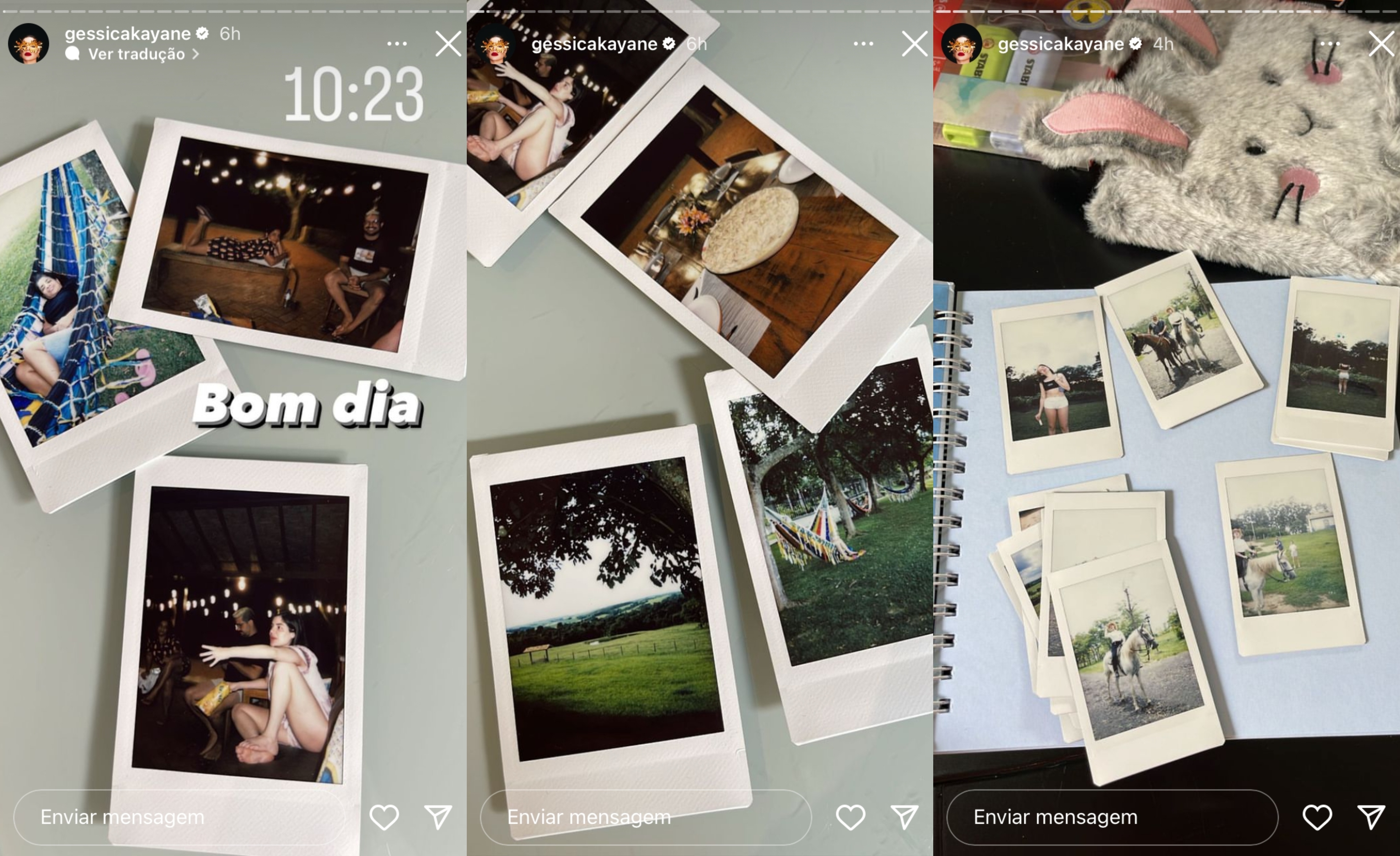 Três Stories do Instagram mostrando várias fotos em polaroid