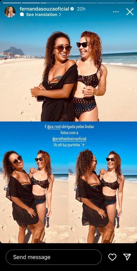 Story de Fernanda Souza na praia ao lado de Aretha Oliveira