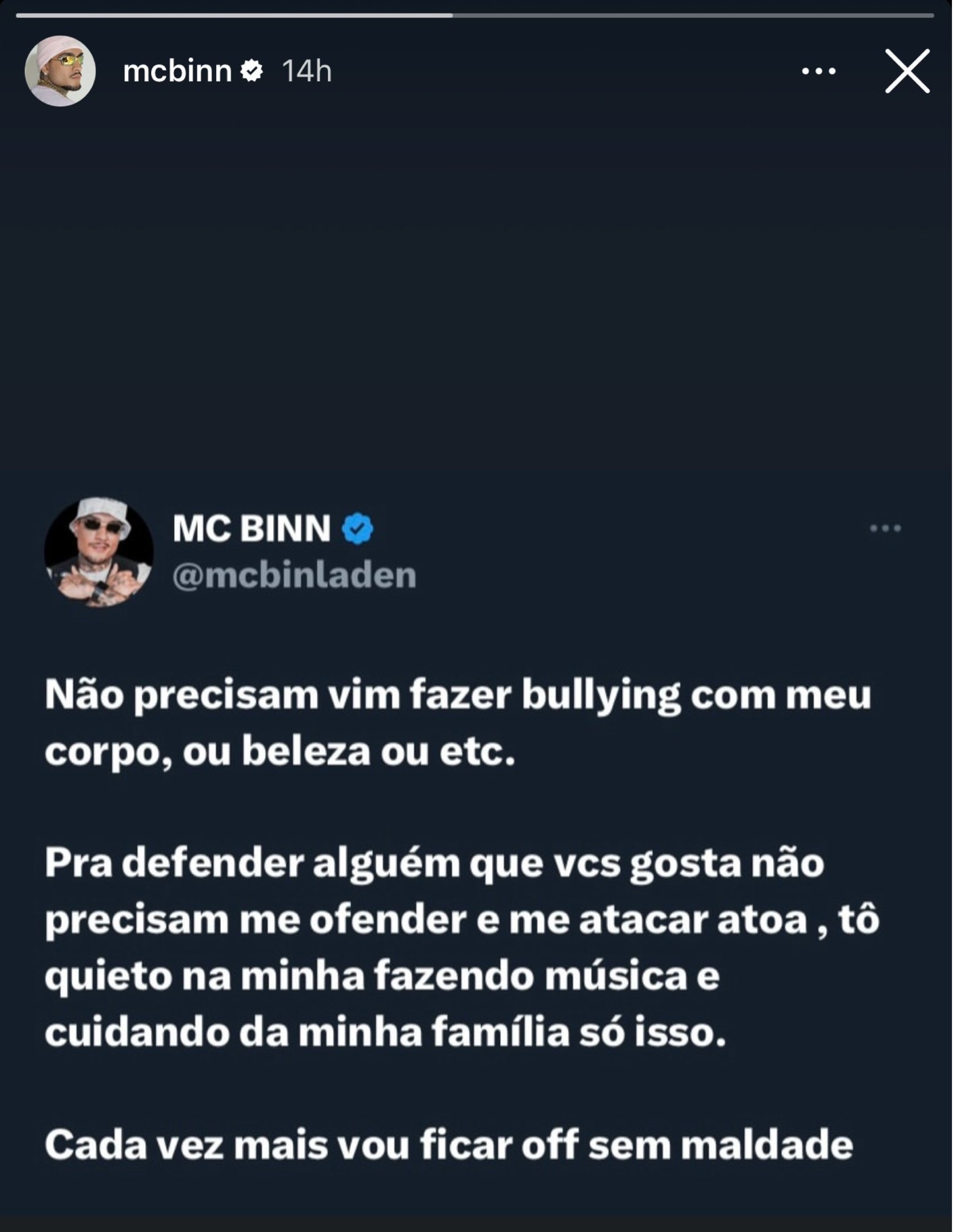 MC Binn desabafa sobre bullying que vem sofrendo em relação ao seu corpo