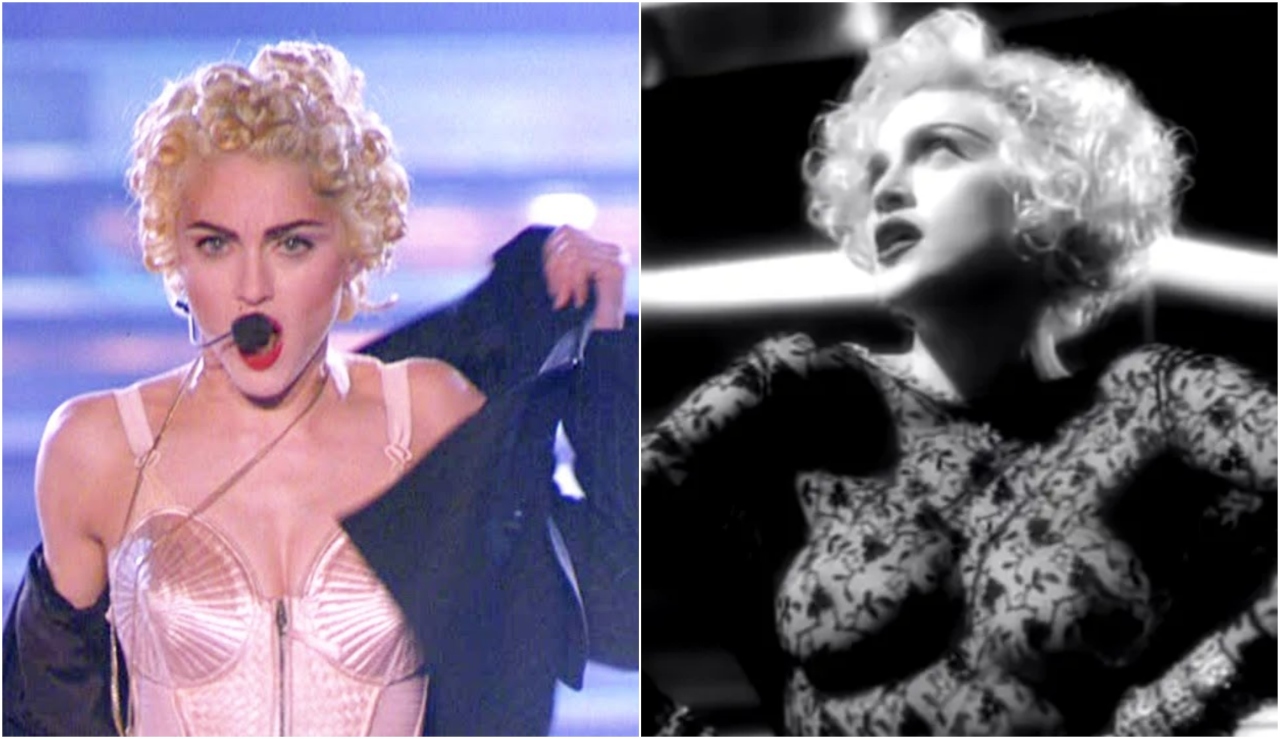 Madonna usando cone bra em 'Express Yourself' e transparência em 'Vogue'