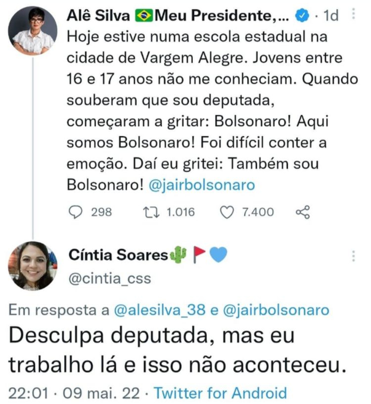 Comentário de Cintia Soares deletado pela deputada federal Alê Silva