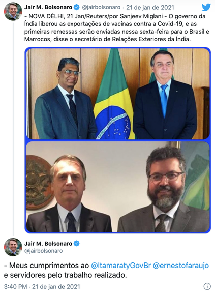 Jair Bolsonaro publica em suas redes sociais sobre a liberação das exportações da vacina da Índia