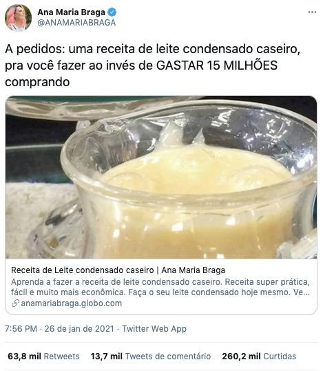 Ana Maria Braga compartilha receita de leite condensado como deboche