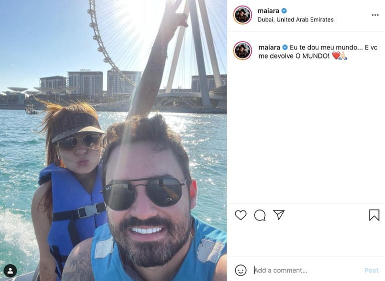Em Dubai, Maiara se declara para Fernando Zor com clique durante passeio de barco