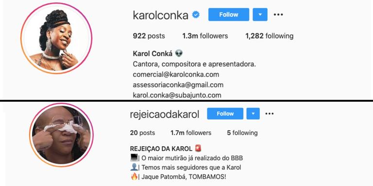 Perfil no Instagram contra Karol Conká ultrapassa número de seguidores da da cantora