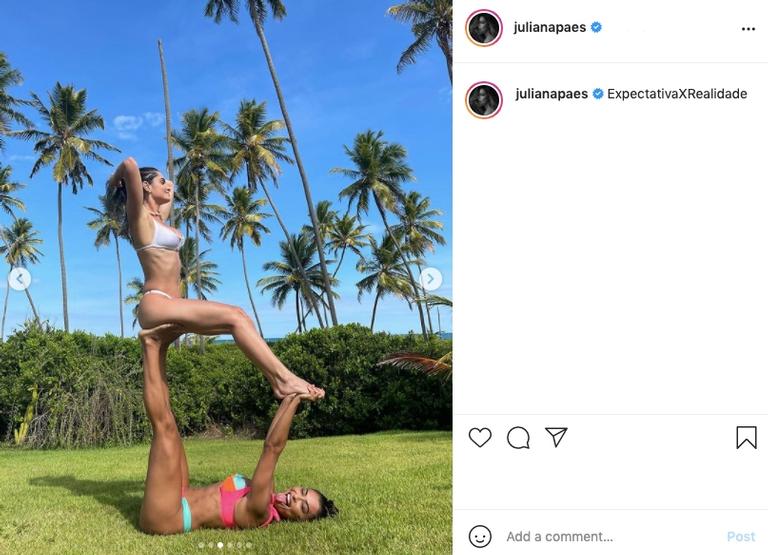 Juliana Paes surpreende ao posar fazenedo acrobacias de biquíni