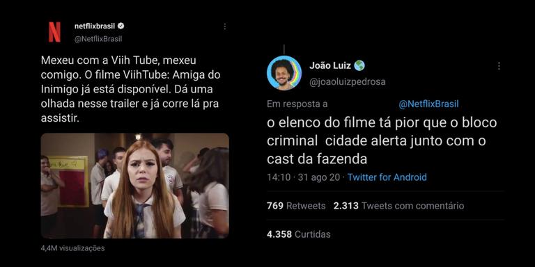 Tweet antigo de João detonando elenco do filme da Viih Tube, viraliza na web