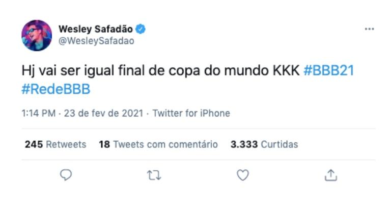 Wesley Safadão torce pela eliminação de Karol Conká e compara dia com final da copa do mundo