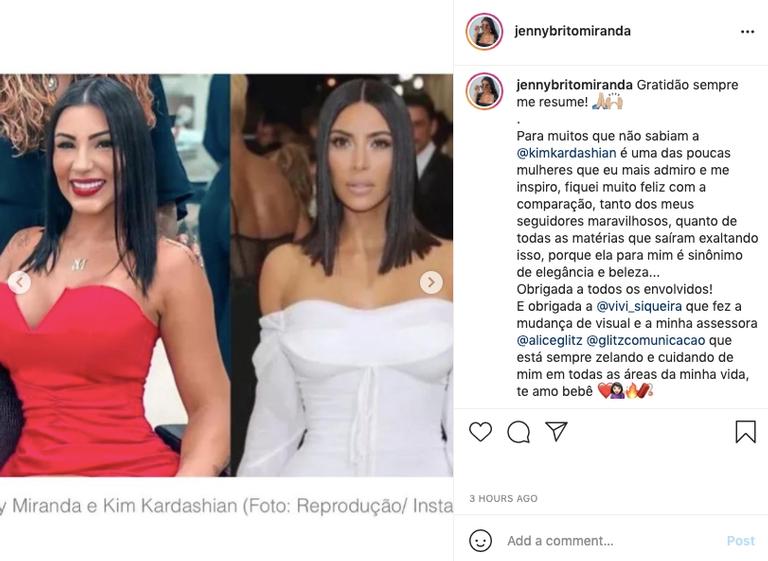 Jenny Miranda é comparada a Kim Kardashian após mudança de visual