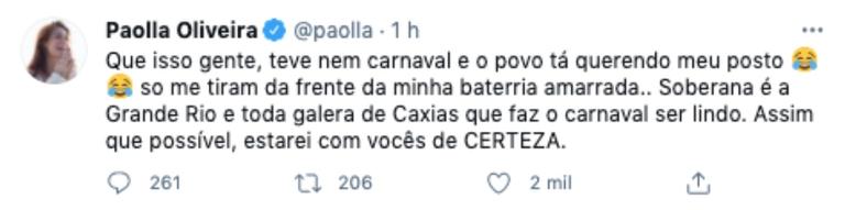Paolla Oliveira nega que Carla Diaz ocupará seu posto de Rainha da Bateria do Acadêmicos do Grande Rio