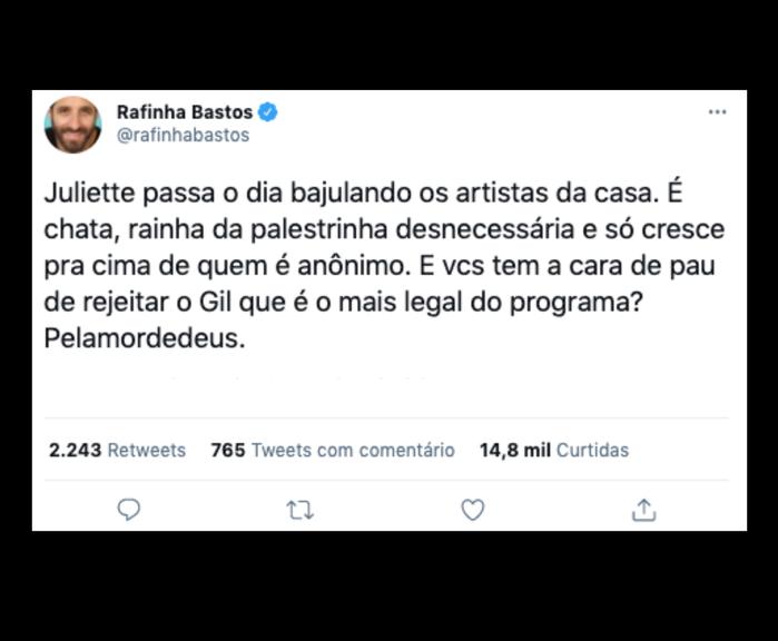 Rafinha Bastos detona Juliette após briga da sister com Gilberto