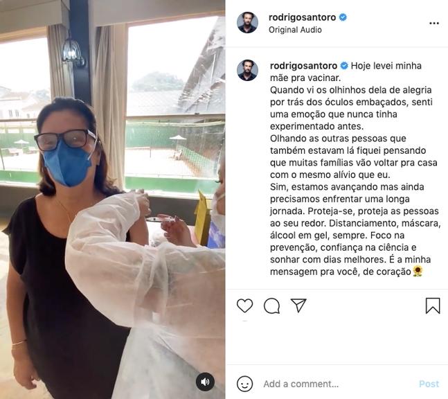 Rodrigo Santoro vibra com vacinação da mãe contra Covid-19