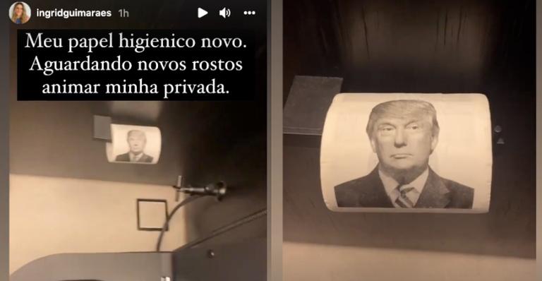 Ingrid Guimarães usa papel higiênico com rosto de ex-presidente dos EUA, Donald Trump