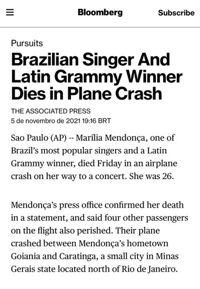 Notícia da morte de Marília Mendonça repercute pelo mundo todo